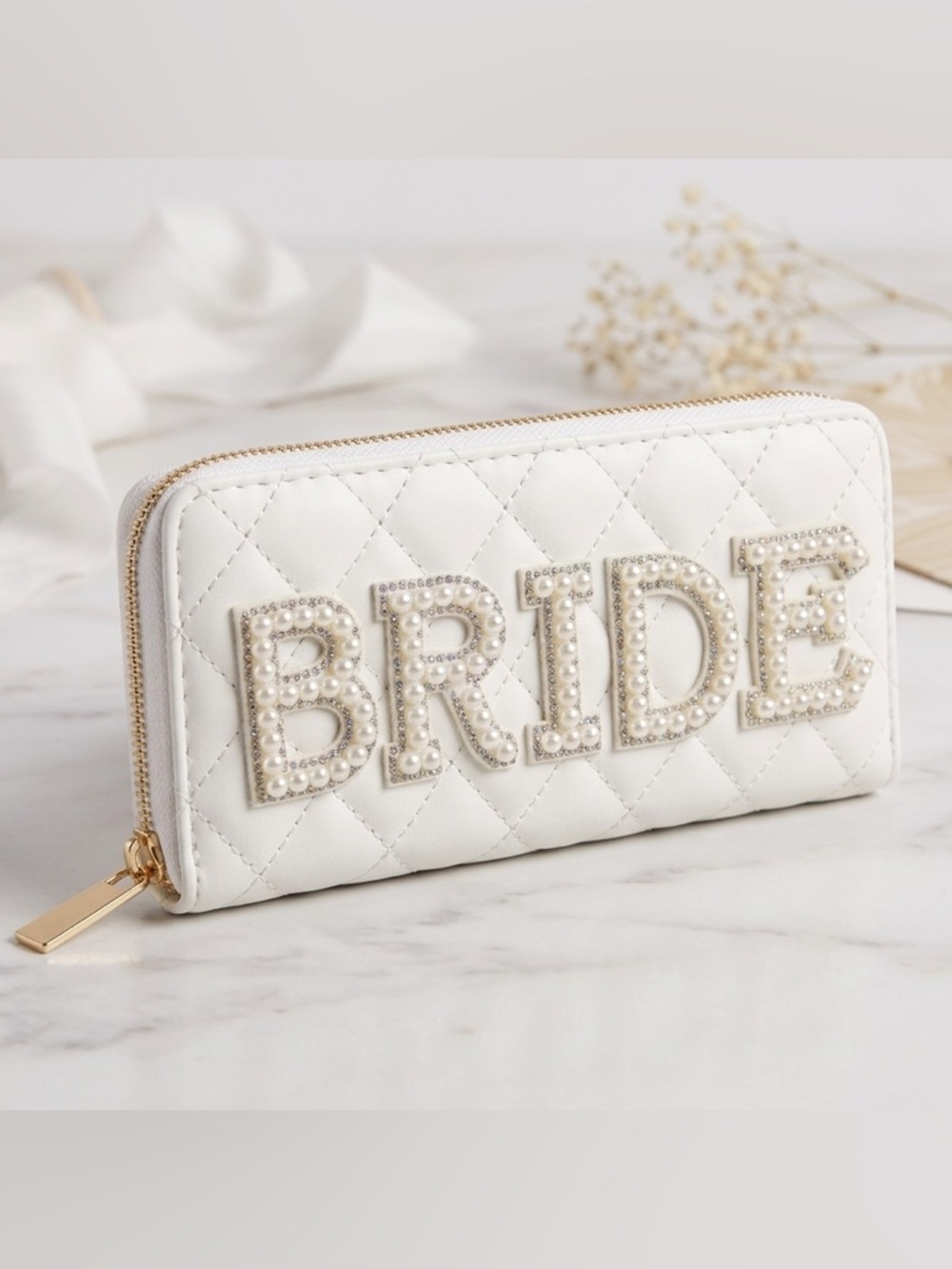 Stoney Clover Lane BRIDE Quilted Wallet Pearl Crystal Patches White EUC